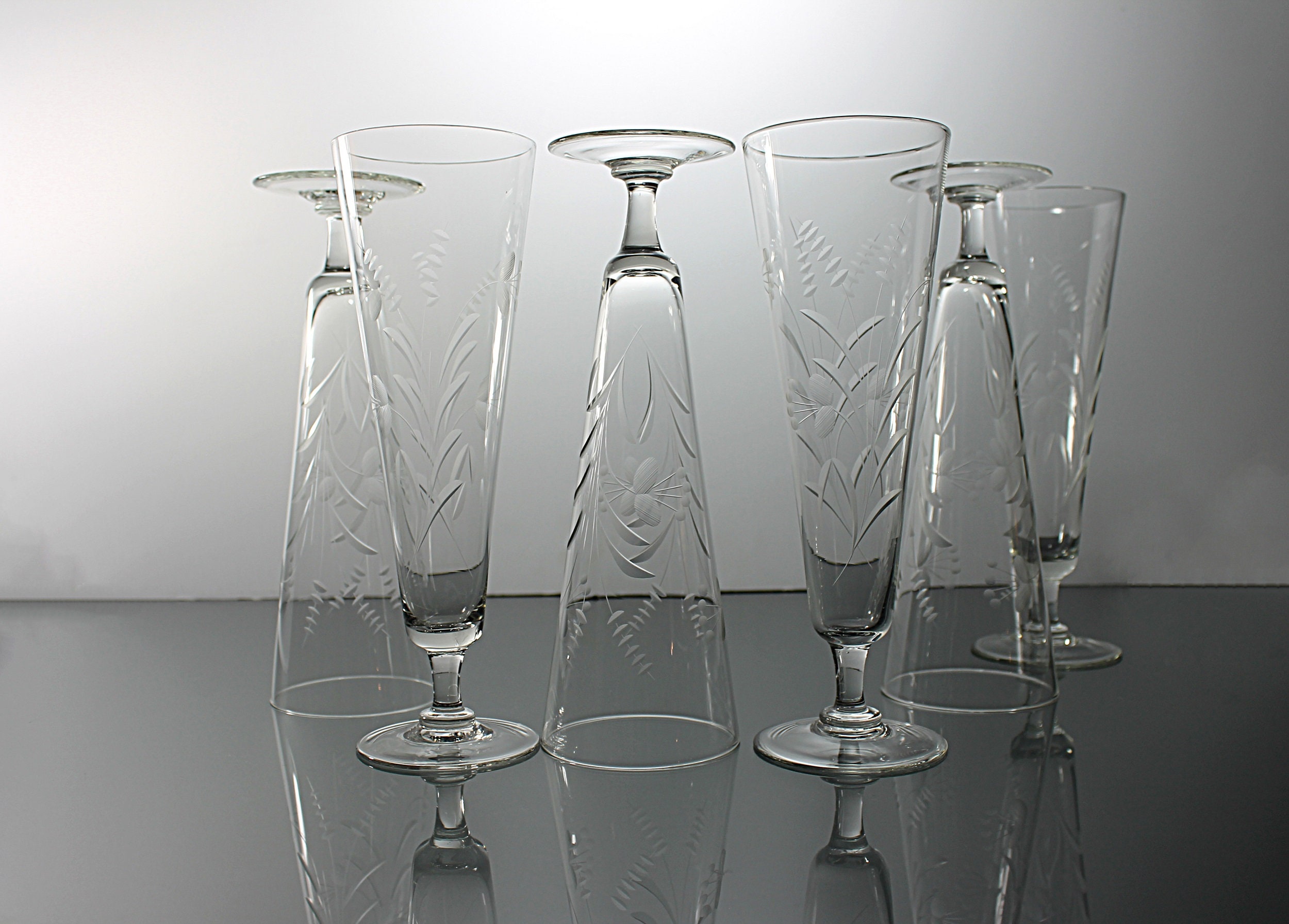 Crystal Pilsner Glasses, Arcadia Capri, Gray Cut Floral, Clear Glass