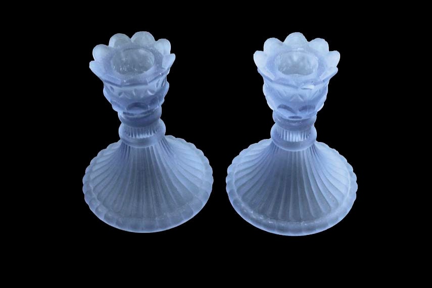 Candlestick Holders, Set of 2, Frosted Light Blue, Ribbed Bottom