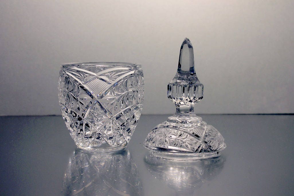 Crystal Lidded Sugar Bowl, Small Candy Dish, Frosted Floral, Clear Cut