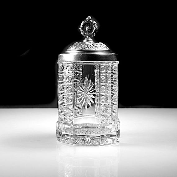 Antique Duncan Miller Cane Rosette Covered Spooner Pickle Jar, EAPG, Victorian Glass, 1877