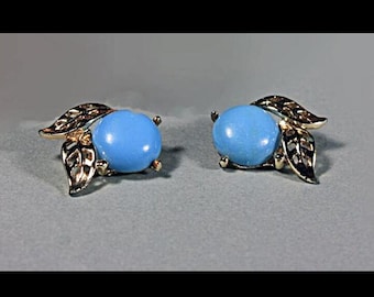Clip On Earrings, Blue Button, Gold Tone Leaves, Costume Jewelry, Synthetic Stone, Ladies Jewelry
