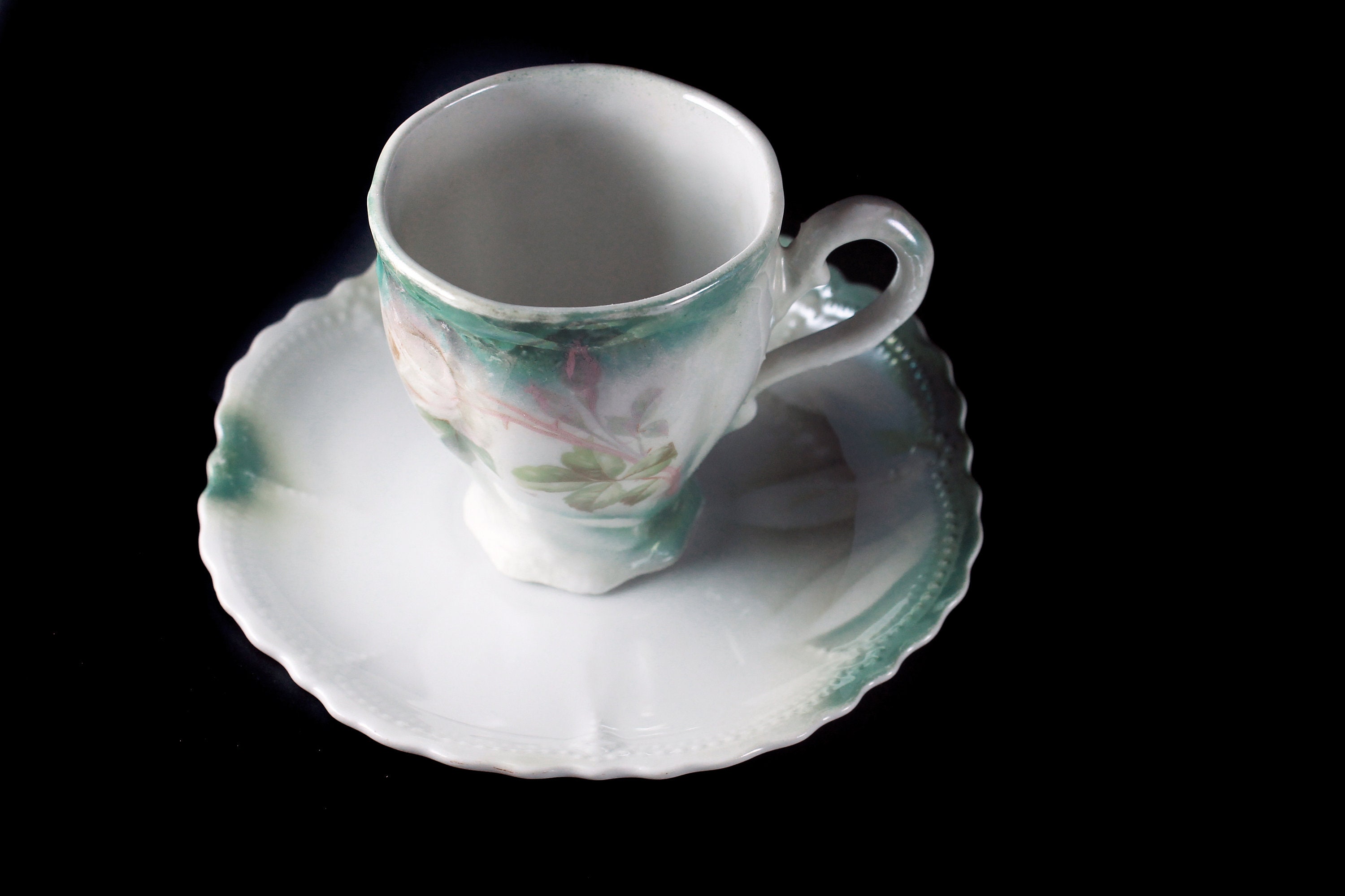 Antique Cup and Saucer, Leuchtenburg China, White Rose, Circa 1910
