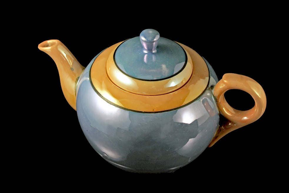 Blue Nippon Lusterware Teapot, Iridescent, Made in Japan, Peach Trim