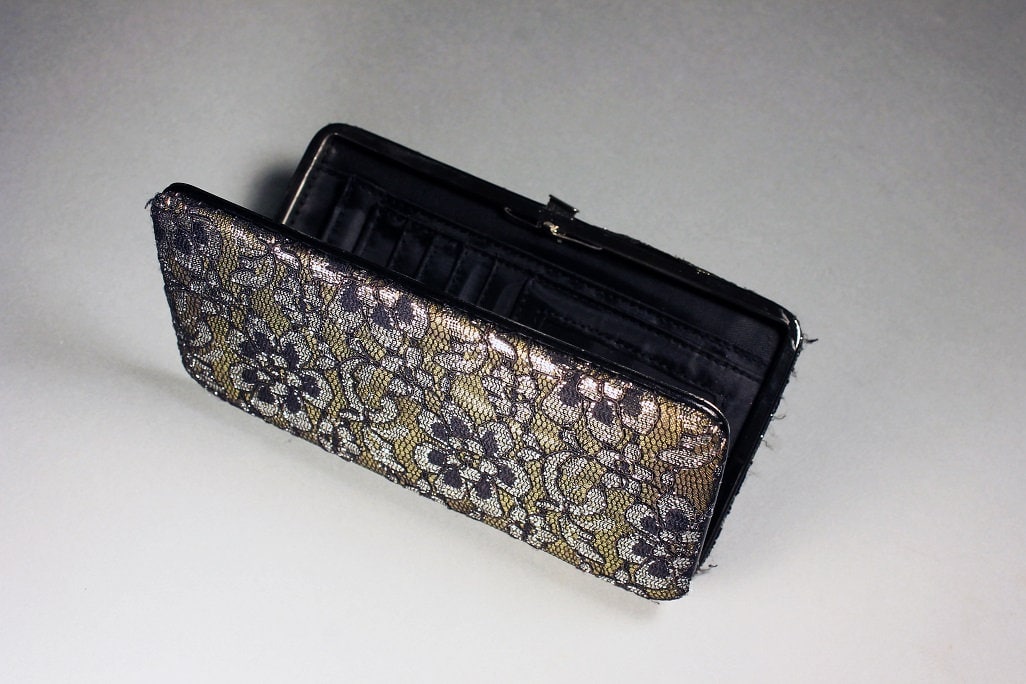 Ladies Clutch Wallet, Black Lace over Gold Satin, Snap Closure