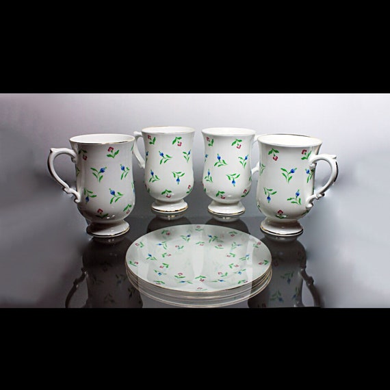 Dessert Mugs and Plates Set, Royal Victoria, 4 Mugs, 4 Salad Plates, Luncheon Set, Blue and Pink Floral China, Fine China