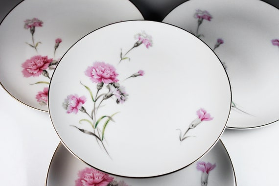 Salad Plates, Royal Court China, Carnation Pattern, Set of 4, Pink and White