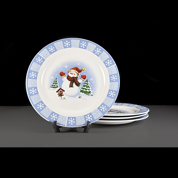 Salad Plates, Merry Brite, Set of 4, Snowman, Winter and Holiday Decor, Dessert Plates