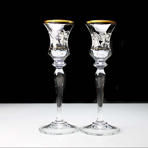 Mikasa Crystal Candlesticks – Antique Lace Pattern with Gold Rim, 1989–1991 – Set of Two
