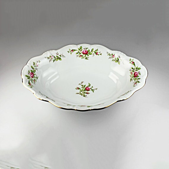 Oval Vegetable Bowl, Johann Haviland, Moss Rose, White China, Embossed, Gold Trim, 11 inch