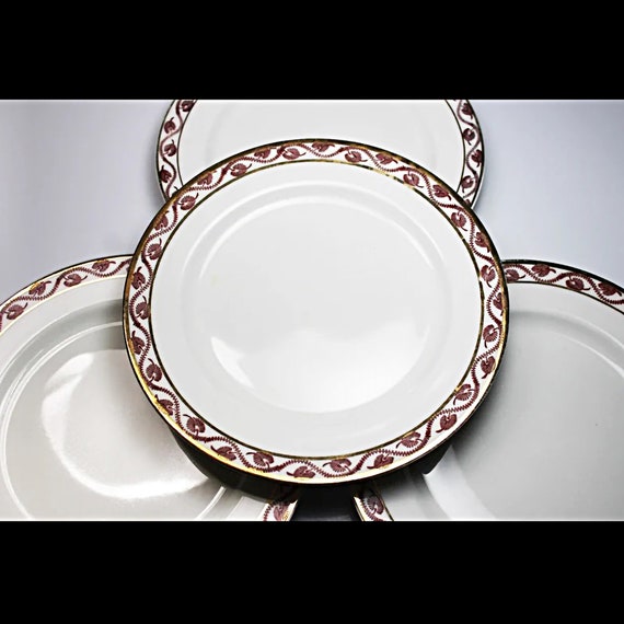 Salad Plates, Atlas China, Red Band, Gold Trim, Set of 4, Porcelain