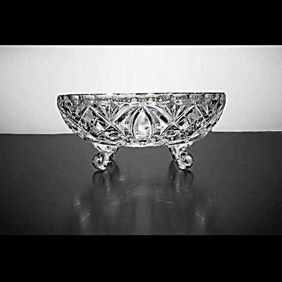 Crystal Square Footed Bowl, Cut Glass, Diamond and Oval Pattern, Clear Glass, 5 Inch