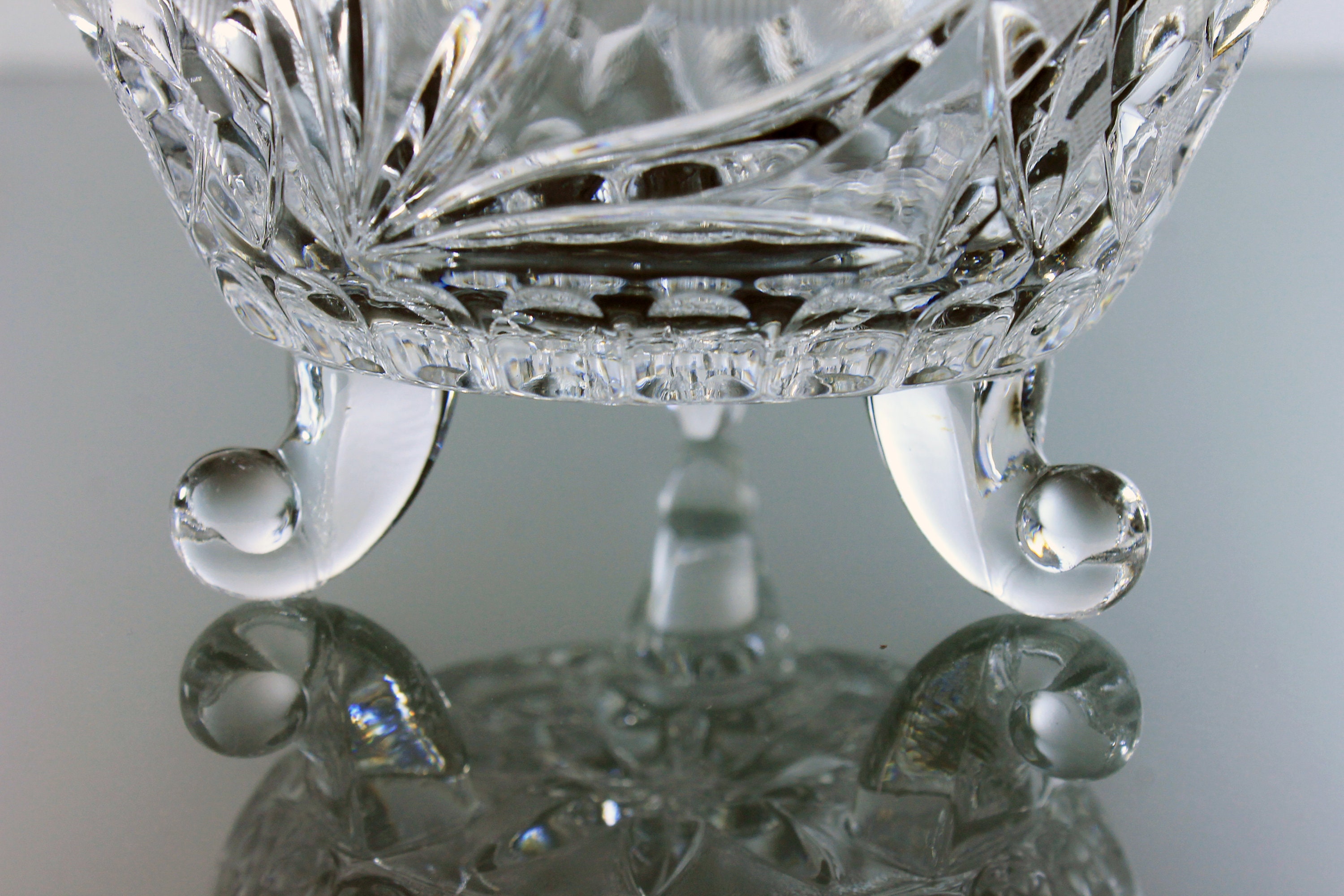 Crystal Candy Dish, Wheel Cut Daisy, Three Toed Bowl, Footed, Heavy