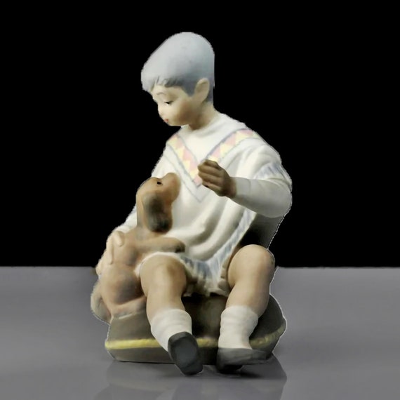 Boy and Dog Figurine, Spanish Bisque Porcelain, 7 Inch, Collectible