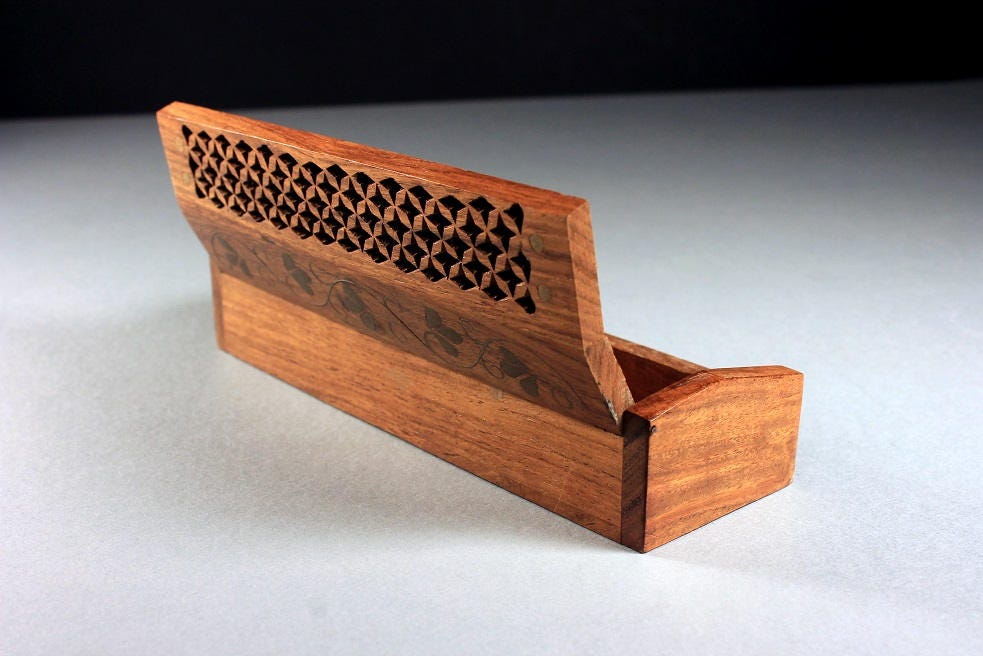 Wooden Pencil Box, Pen Box, Jewelry Box, Trinket Box, Lattice Cut, Gold
