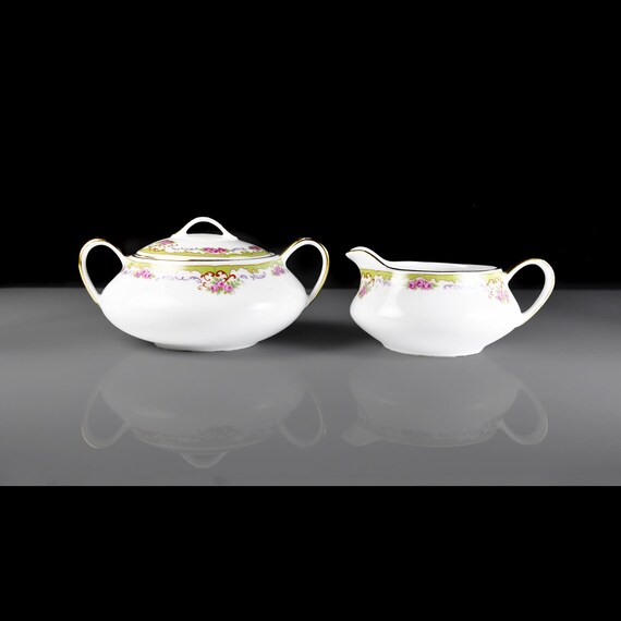 Antique Union T Floral Sugar and Creamer Set - Green Band with Pink Roses and Gold Trim - Made in Bohemia