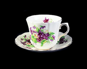 Cup and Saucer, Bone China, Made In England,  Purple Violets Pattern, Gold Trim