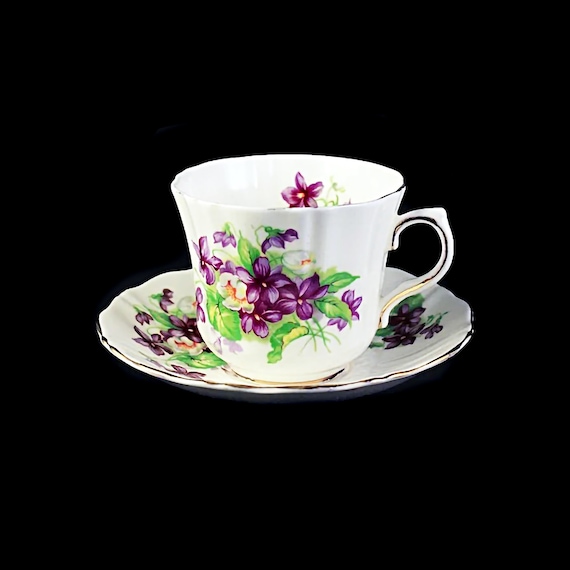 Cup and Saucer, Bone China, Made In England,  Purple Violets Pattern, Gold Trim