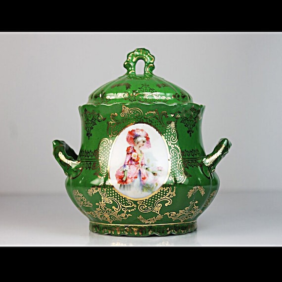 Antique Sugar Bowl, Portrait, Imperial Austria, Fine China, Green and Gold
