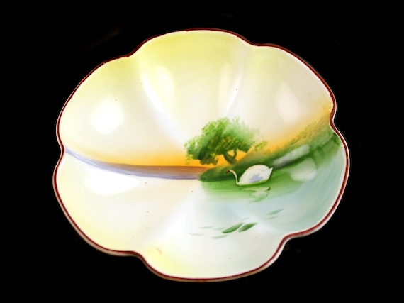 Noritake Footed Bowl, Mayonnaise Bowl, Hand Painted Porcelain, Swan in Lake, Candy Dish, Trinket Dish