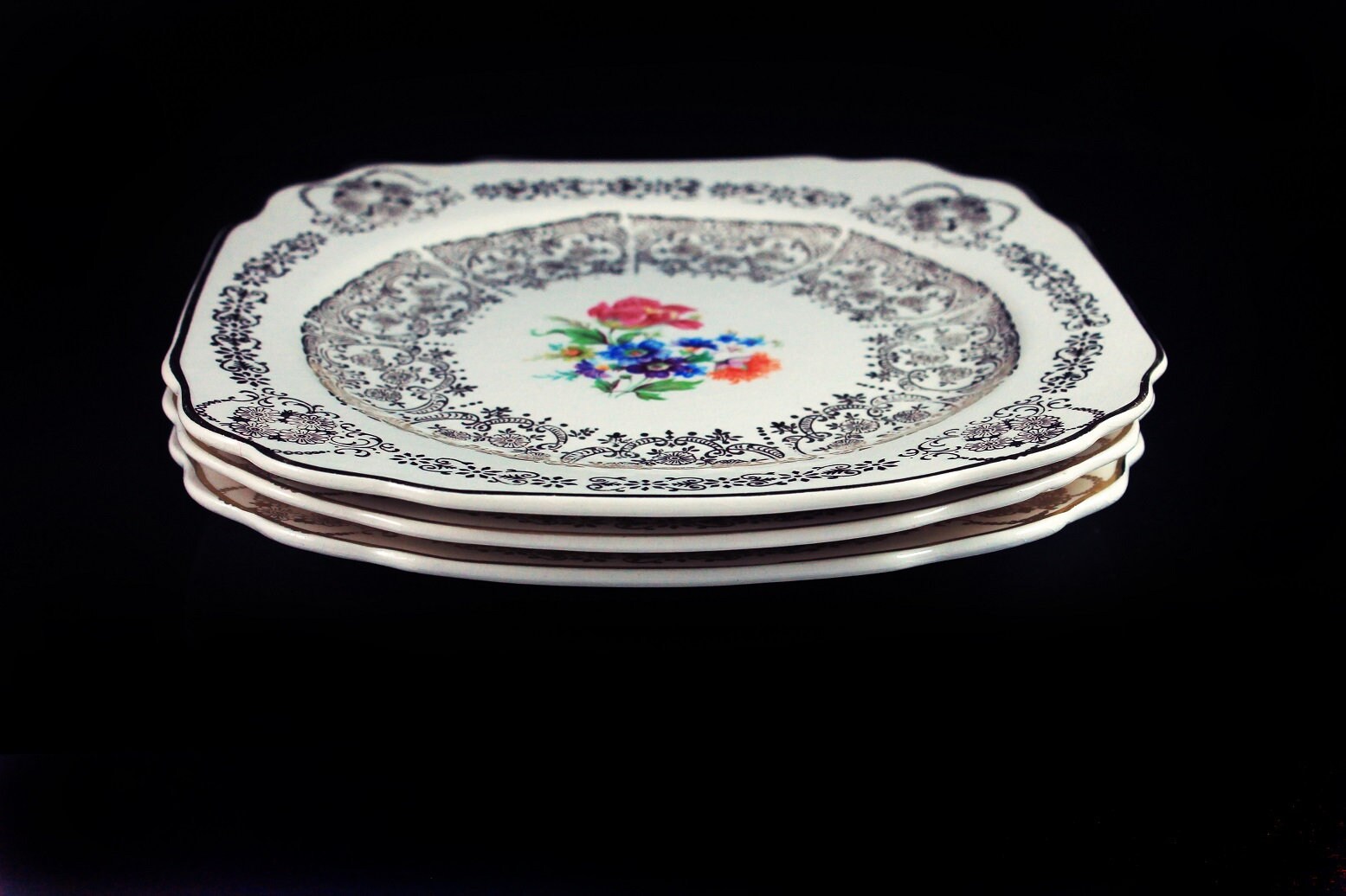 Square Salad Plates, Queen Anne, 22K Warranted Gold, MultiFloral, Gold