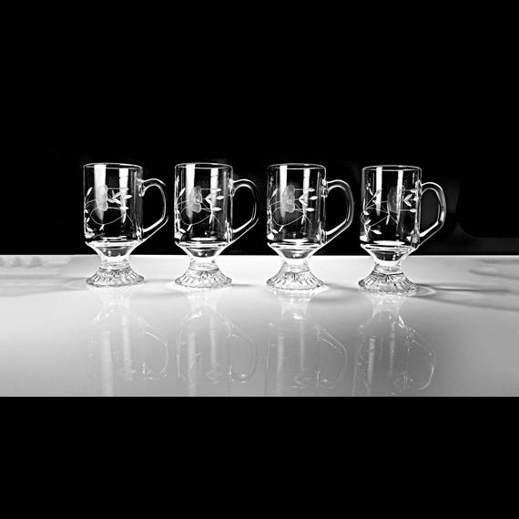 Princess House Heritage Irish Coffee Mugs with Etched Floral Design - Set of 4 - Footed Glassware, Excellent Condition