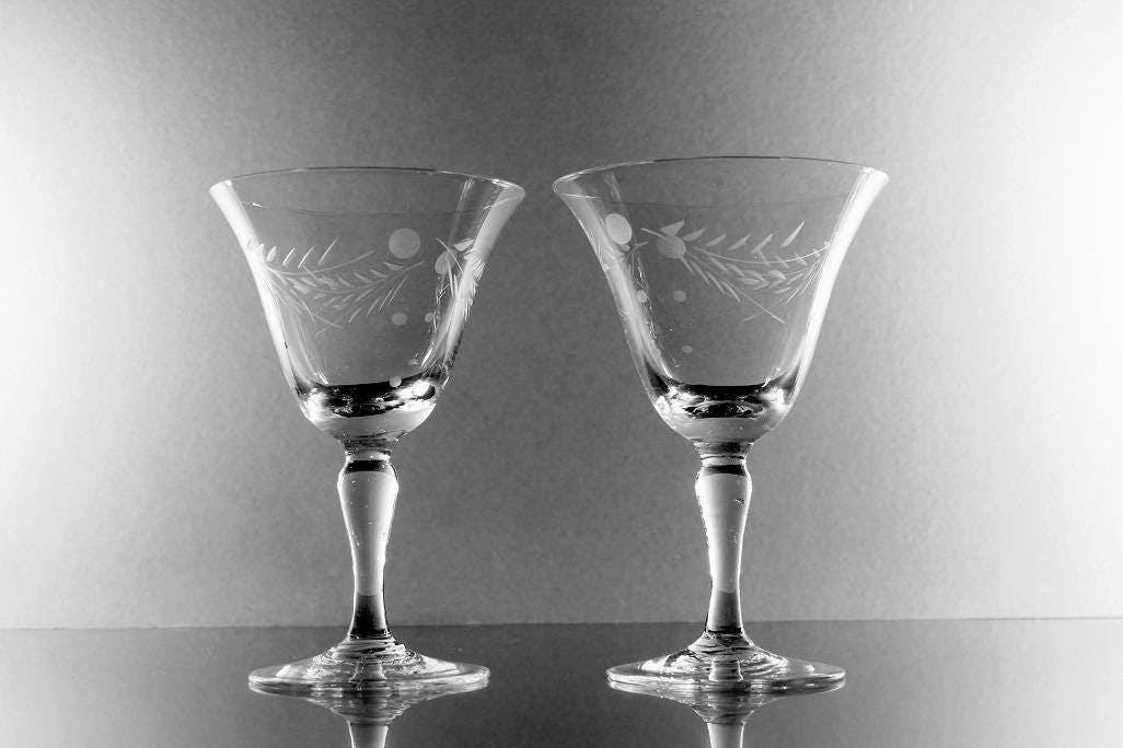 Etched Cordial Glasses, Floral Pattern, Set of 2, Clear Glass, Barware