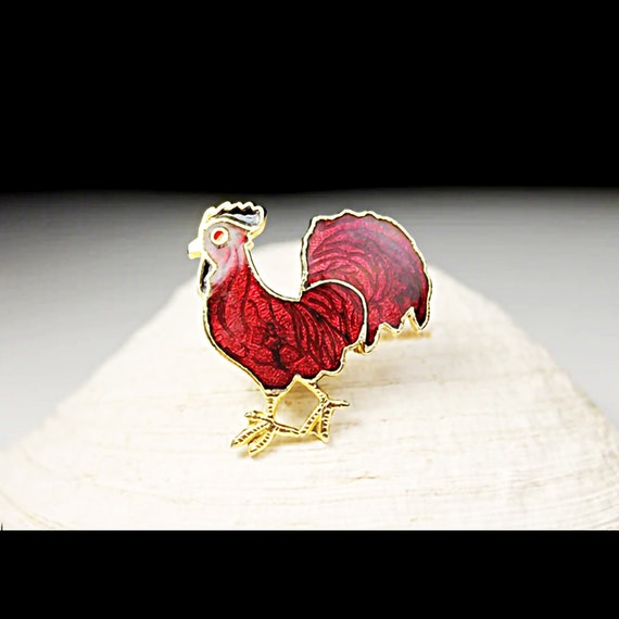 Red Rooster Brooch, Enamel, Gold Tone, Fashion Pin, Costume Jewelry, Collectible