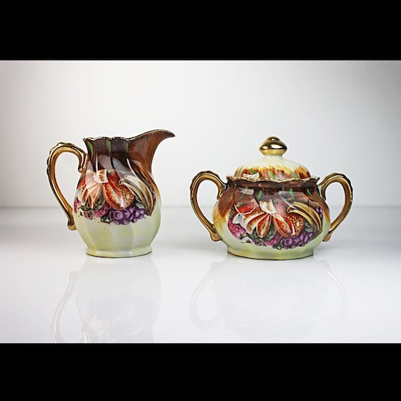 Sugar Bowl and Creamer, Nippon Yoko Boeki Co, Hand Painted, Fruit Design, Gold Trimmed