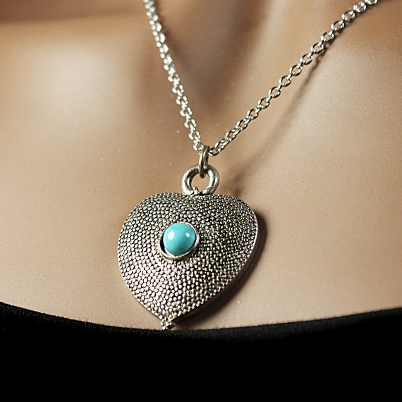 Heart Necklace, Pewter Heart, Faux Turquoise Stone, Silver Tone, Costume Jewelry, Womens Gift