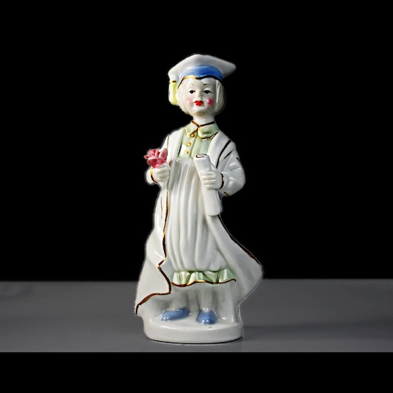 Graduate Figurine, Porcelain, Diploma and Raised Rose, White and Gold, 8 Inch