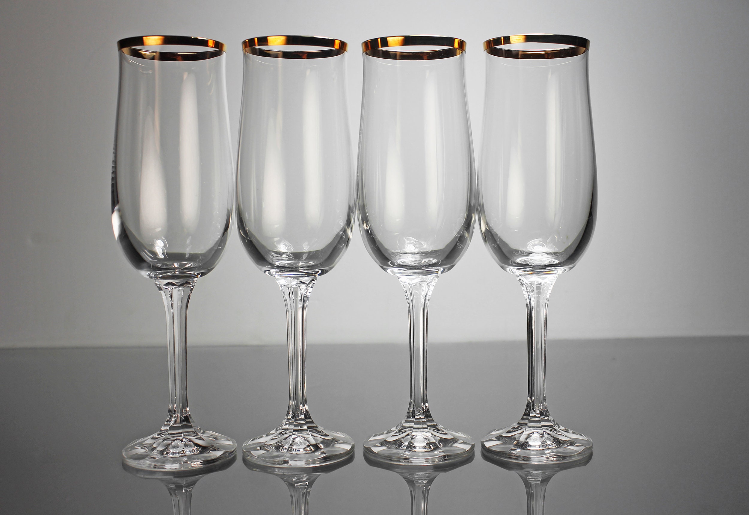 Crystal Champagne Flutes, Bohemia Czechoslovakia, Geneve, Gold Trimmed