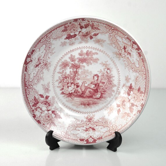 Antique Red Transferware Bowl English Pastoral Scene 1800s