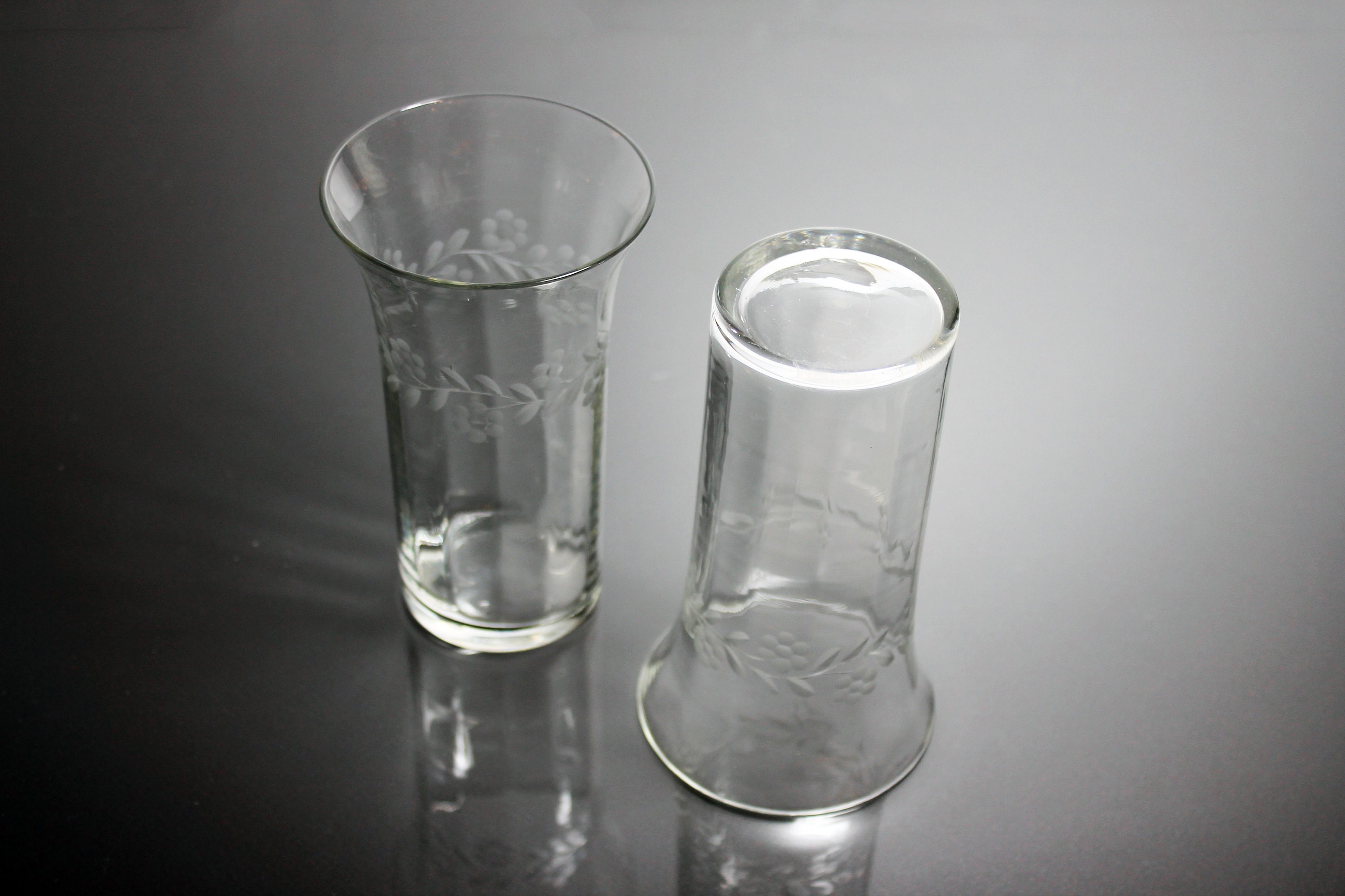 Etched Glass Tumblers, Paneled Optic, Drinking Glasses, Floral Pattern