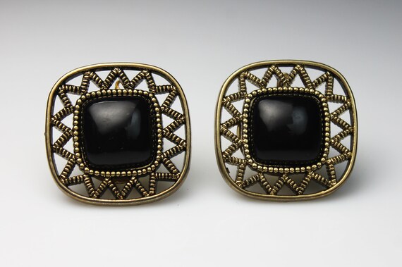 Square Clip-On Earrings, Onyx Bead, Gold Tone, Co… - image 8
