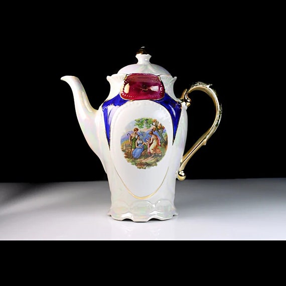 Antique Portrait Coffee Pot, Chocolate Pot, Embossed Lusterware, 4 Cup, Fine Porcelain, Made in Germany