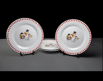Salad Plates, Trisa Dinnerware, Set of 4, Snowman Family, Winter and Holiday Decor, Dessert Plates