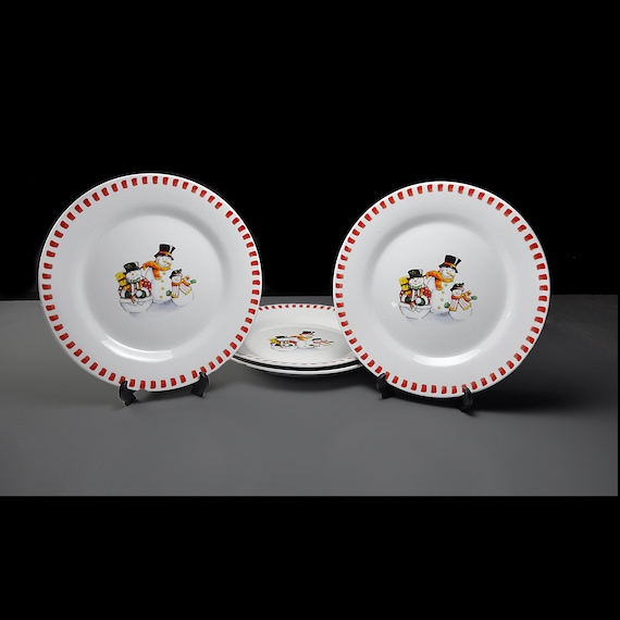 Salad Plates, Trisa Dinnerware, Set of 4, Snowman Family, Winter and Holiday Decor, Dessert Plates