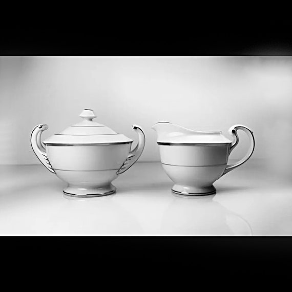 Sugar and Creamer, Harmony House, Silver Melody, Platinum Trim, Fine China, White