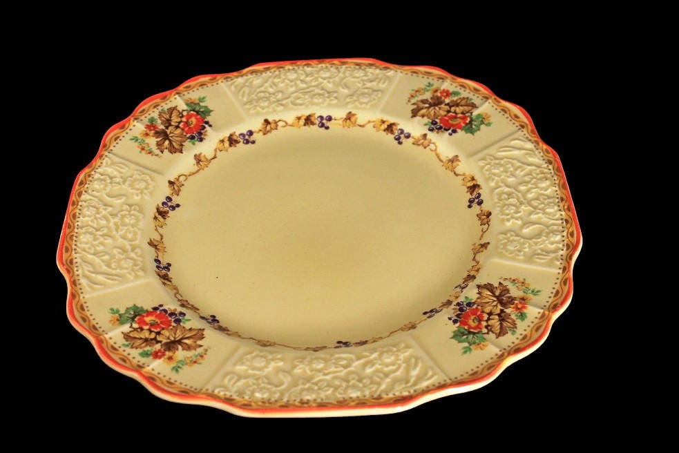 Dessert Plate, Myott Staffordshire, Embossed, Grapes, Flowers, and Leaves, Cream Colored, Hard