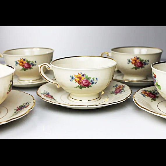 Cups and Saucers, Syracuse China, Santa Rosa, Set of 5, Floral Design, Teacups