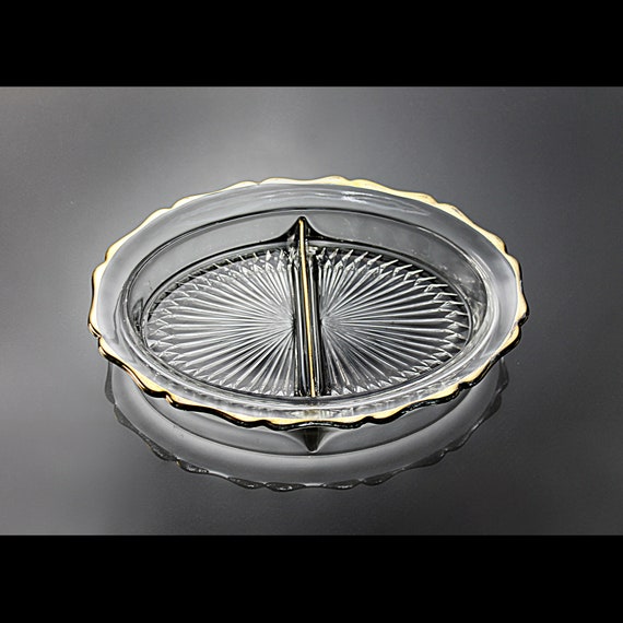 Oval Divided Relish Tray, Jeannette Glass, Clear Pressed, 8 Inch, 2 Section, Gold Trimmed