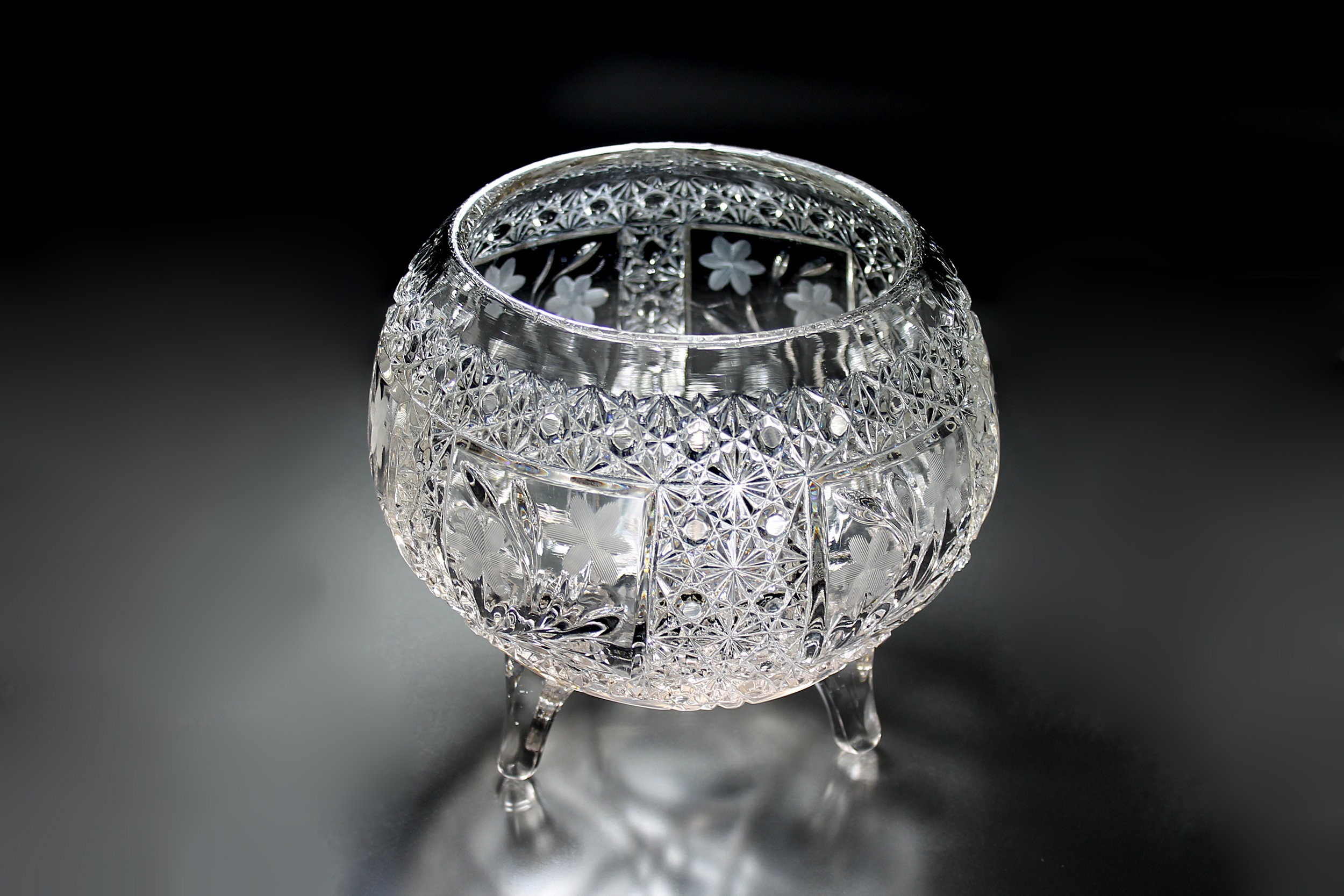 EAPG Rose Bowl, McKee Glass, Snappy Clear, Three Footed Bowl, Cut