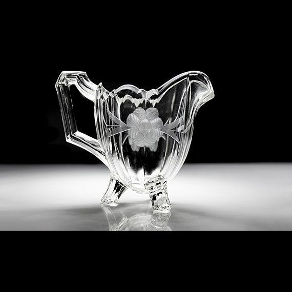 Antique Footed Glass Creamer, Indiana Glass, Wheel Cut Floral, Heavy Glass, Pitcher, Jug