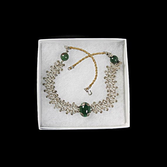 Antique Choker Necklace, Green Jade Stone,  Silver Lattice