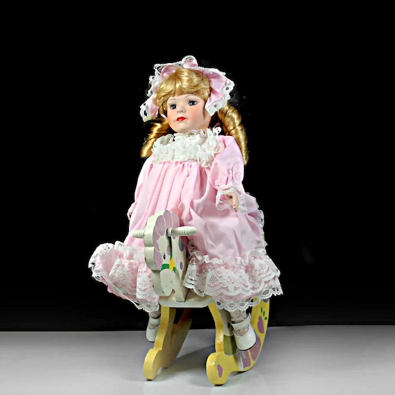 Porcelain Doll on Rocking Horse, 18-inch Doll, Display Doll