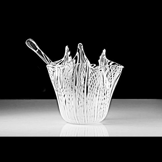 Handkerchief Bowl with Stir Stick, Murano Glass, White Latticino, Hand Blown Art Glass, 3 Inch, Giftware