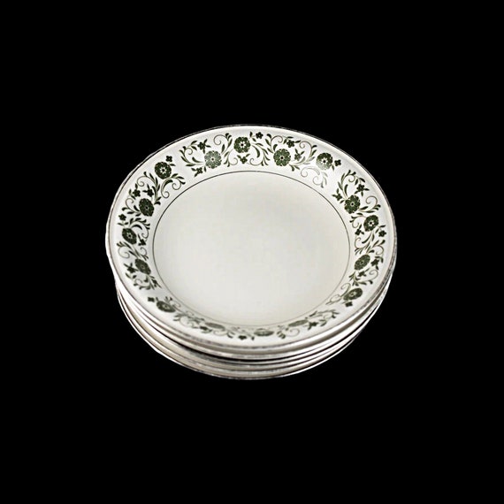 Coupe Soup Bowls, Mikasa, Fairfax, Ivory China, Green Floral Border, Set of 6, Platinum Trim, Discontinued