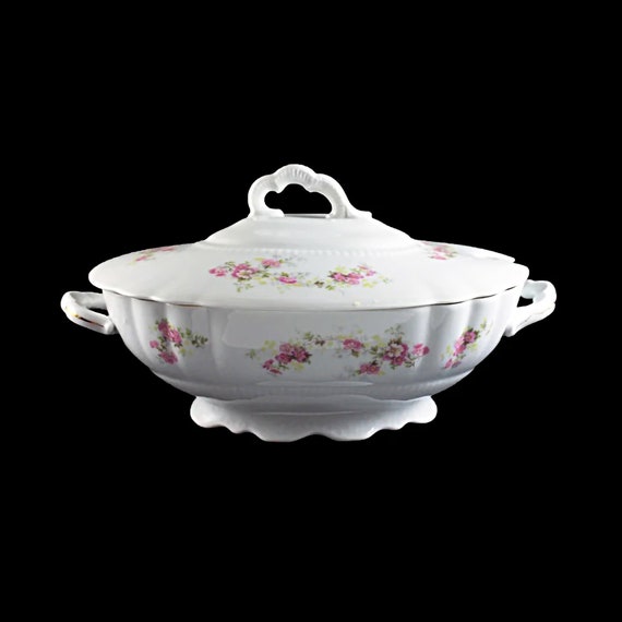 Covered Vegetable Bowl, Made In Austria, Pink Floral Pattern, Oval, Gold Trimmed, White