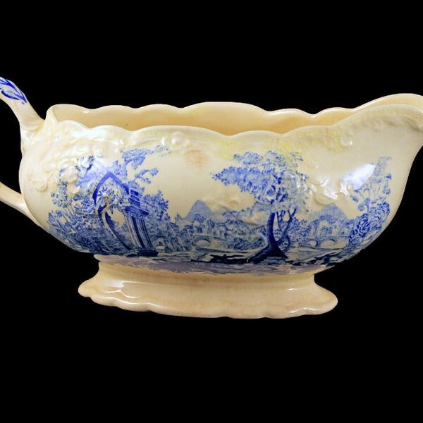 Gravy Boat, Taylor Smith & Taylor, English Abbey, Fairway, Embossed, Blue and Cream Colored, Fine China