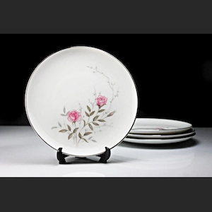 Bread and Butter Plates, Towne China, Roselle, Pink Roses and Gray Leaves, Set of 4, Fine China